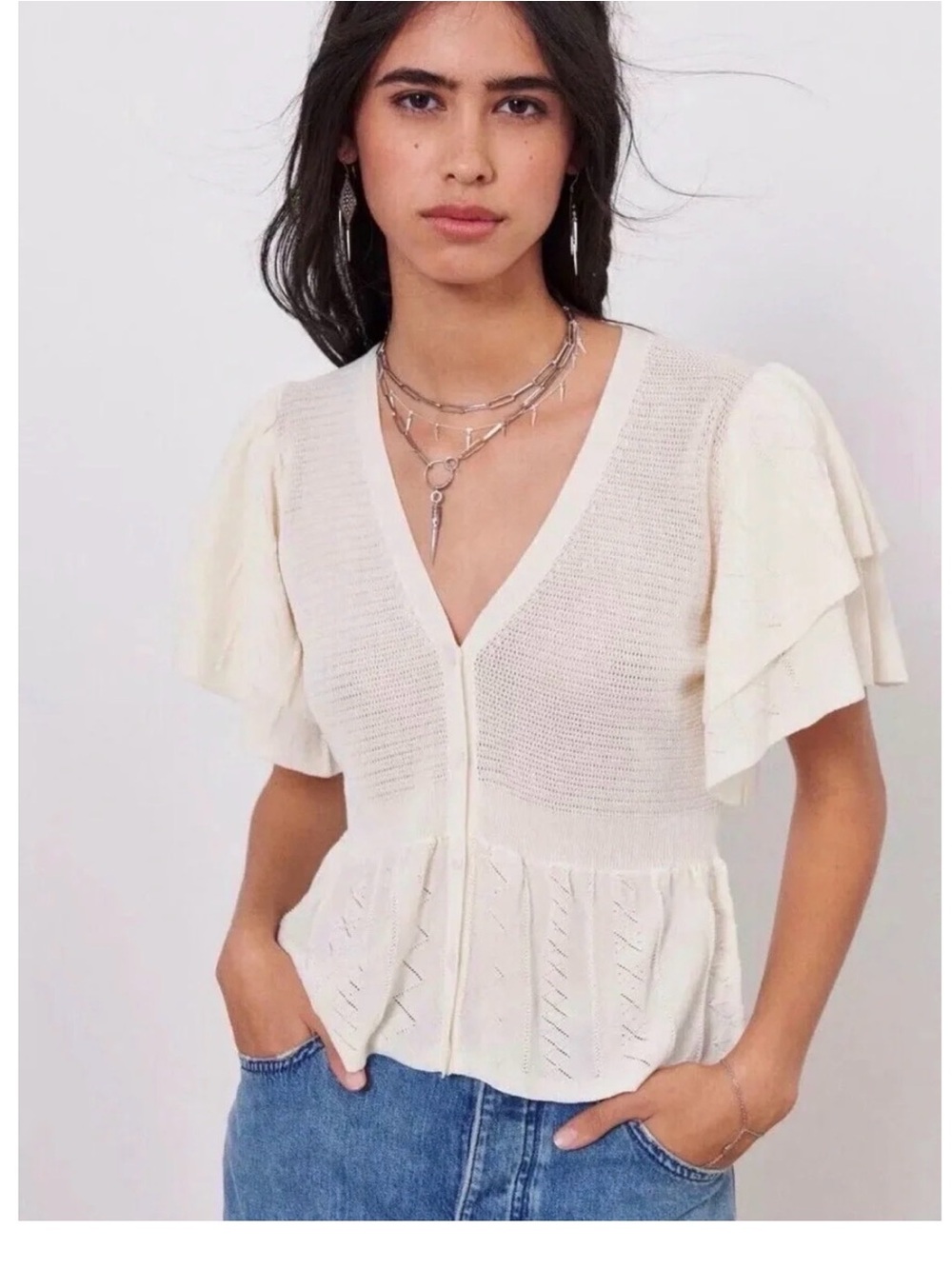 ba&sh Cream Knit V-Neck Peplum Top with Flutter Sleeves